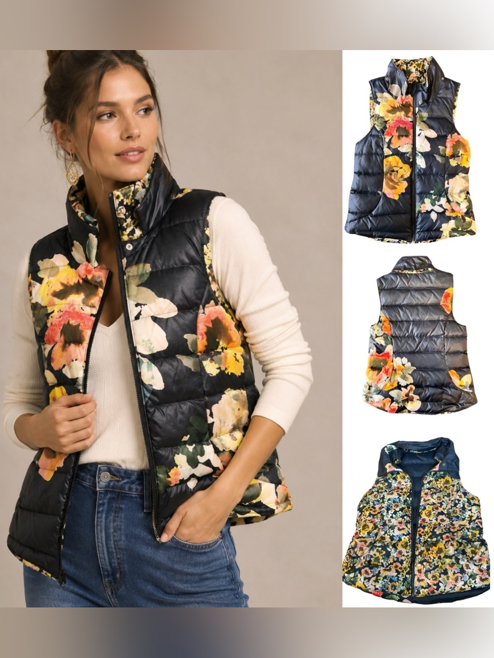 Reversible Floral Puffer Vest - Black Floral